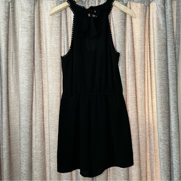 Black Pom Pom Trim Cinched Waist High-neck Romper Size Medium - Picture 9 of 15